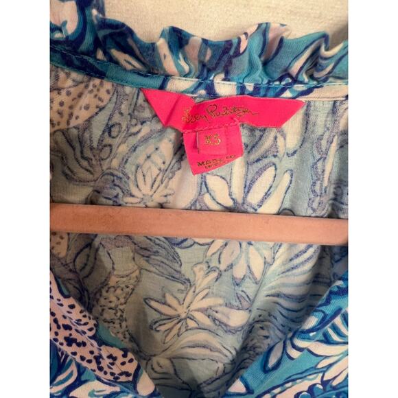 Lilly Pulitzer Size XS Sleeveless Dress Ruffled Collar Easy Comfy Blue Print - Picture 7 of 8